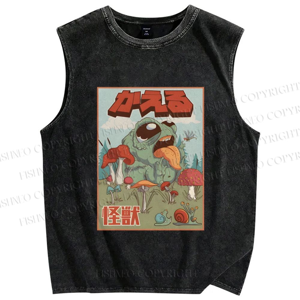 Unisex Frog Pet Kaiju Printed Washed Tank Top
