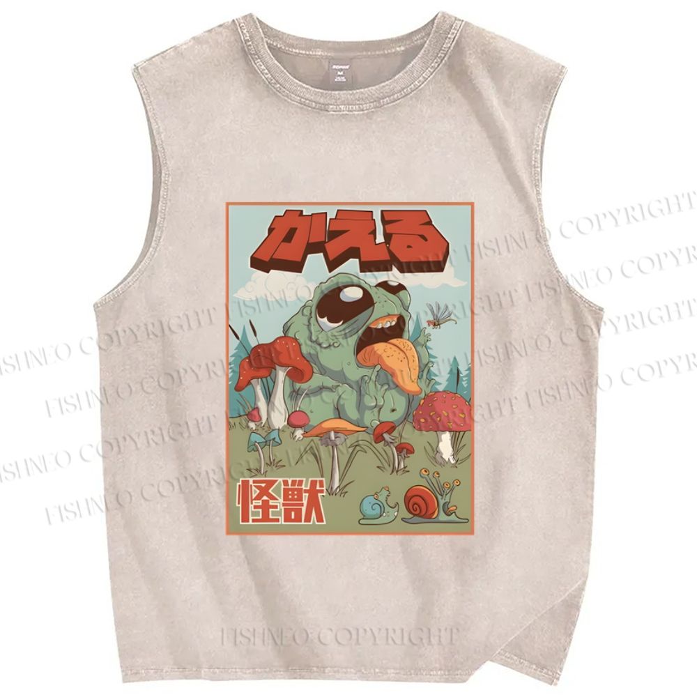 Unisex Frog Pet Kaiju Printed Washed Tank Top