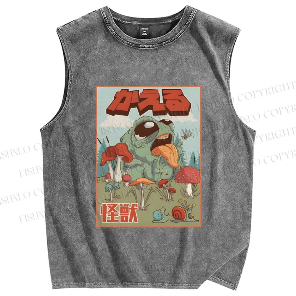 Unisex Frog Pet Kaiju Printed Washed Tank Top