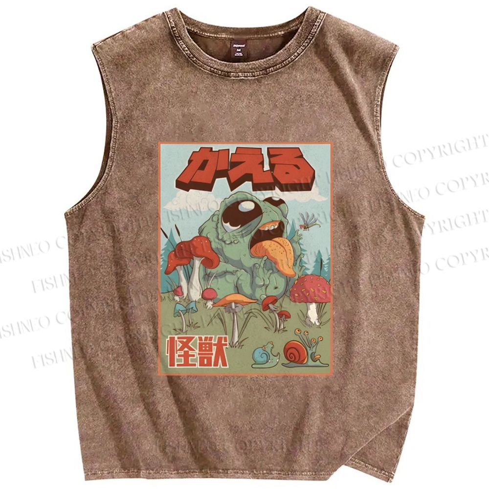 Unisex Frog Pet Kaiju Printed Washed Tank Top