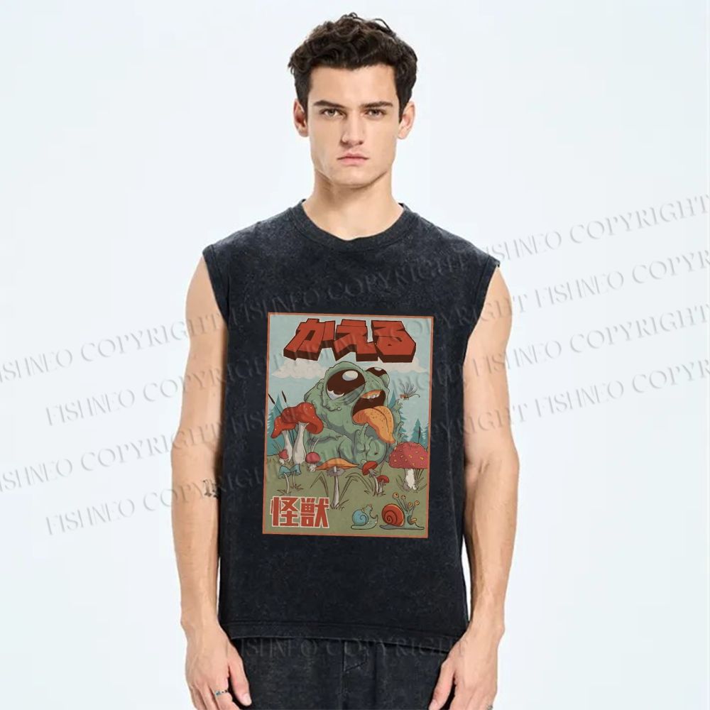 Unisex Frog Pet Kaiju Printed Washed Tank Top