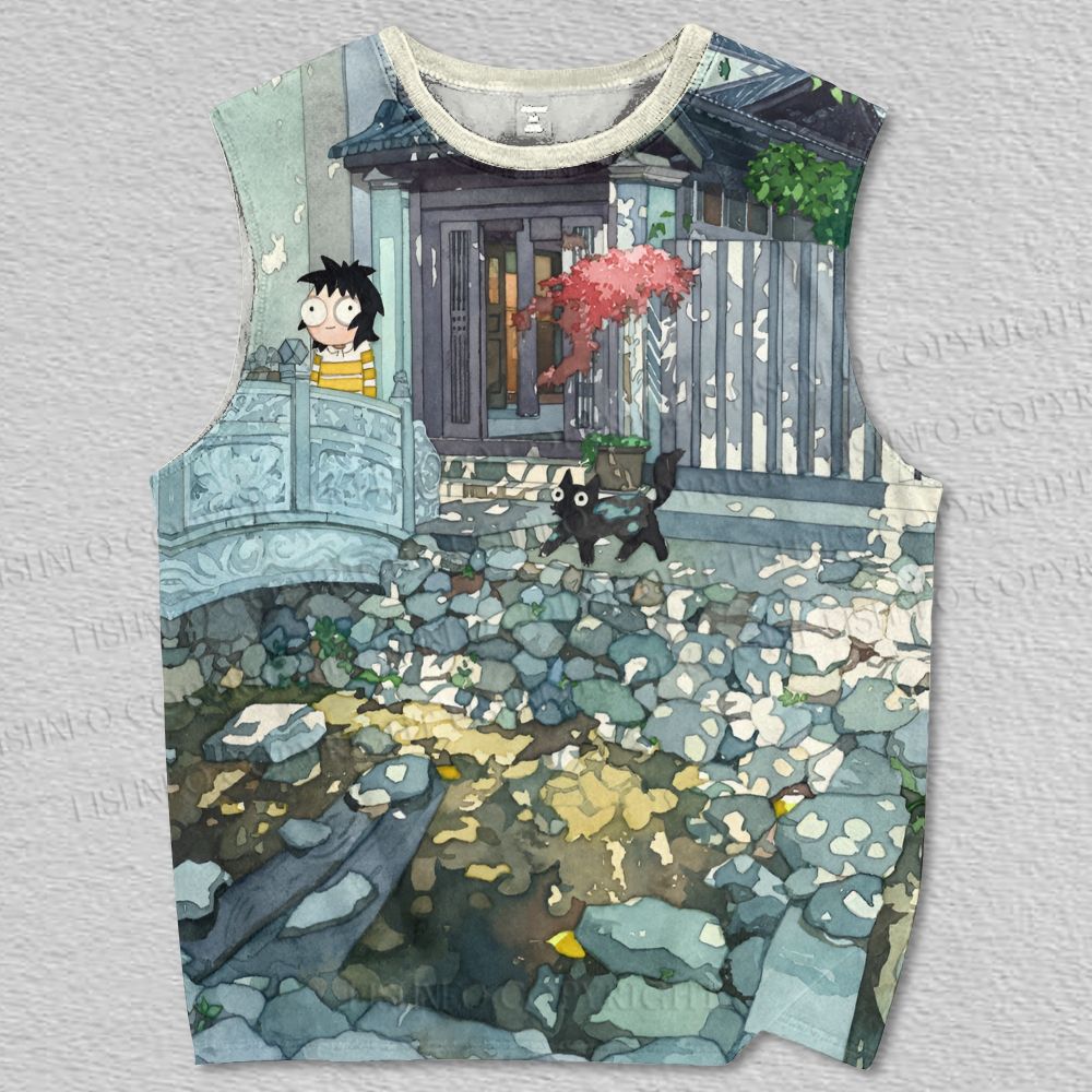 Unisex Black Cat in Afternoon Printed Tank Top