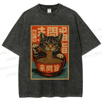 Unisex Vintage Ramen Cat Printed Washed Tee