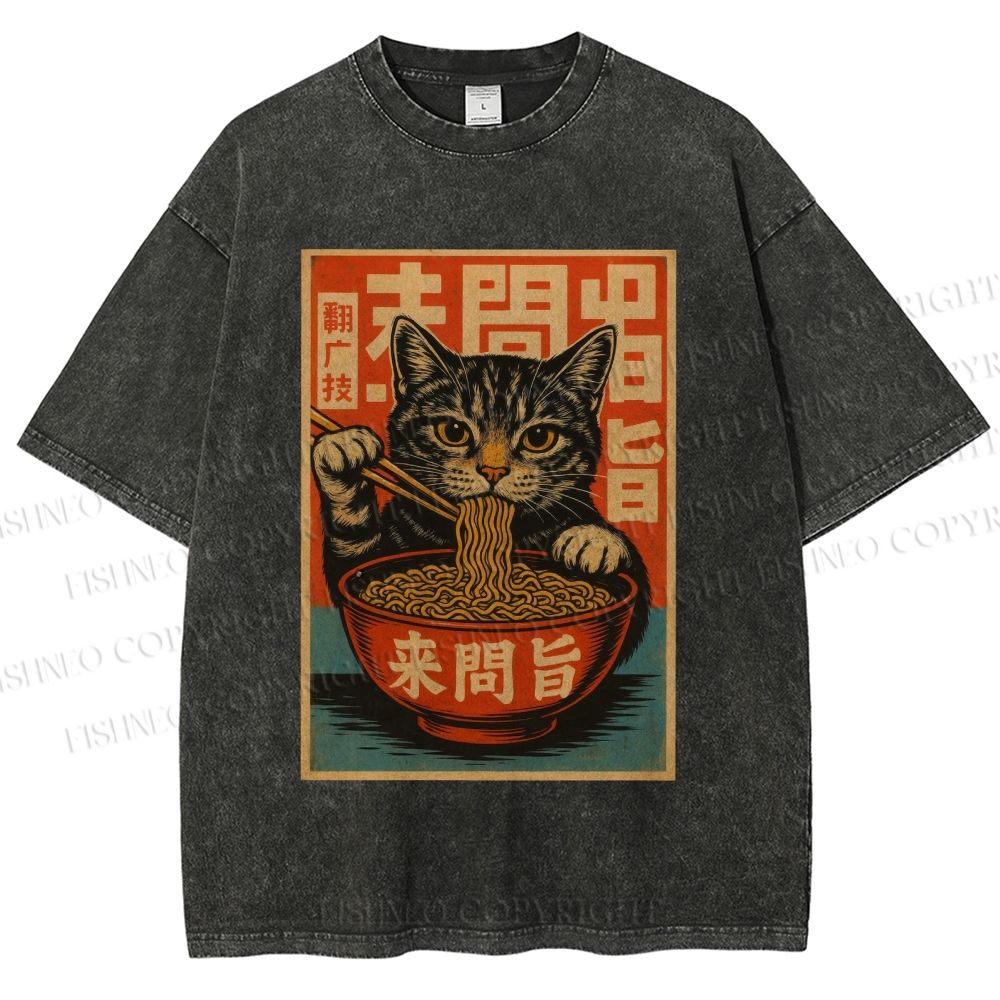 Unisex Vintage Ramen Cat Printed Washed Tee