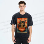 Unisex Vintage Ramen Cat Printed Washed Tee