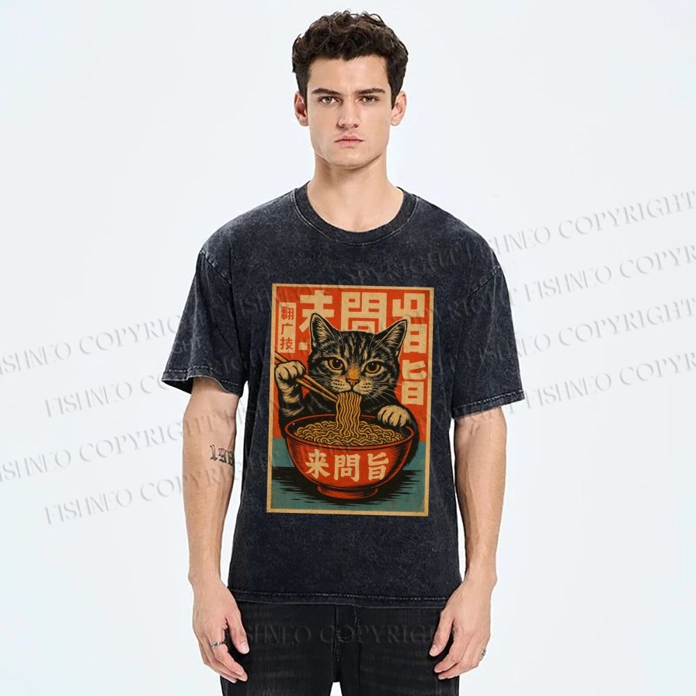 Unisex Vintage Ramen Cat Printed Washed Tee