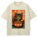 Unisex Vintage Ramen Cat Printed Washed Tee