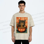 Unisex Vintage Ramen Cat Printed Washed Tee
