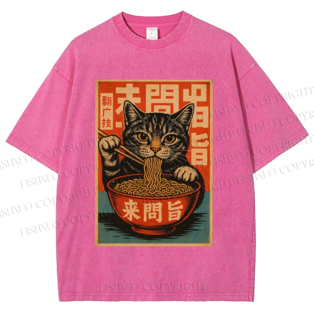 Unisex Vintage Ramen Cat Printed Washed Tee