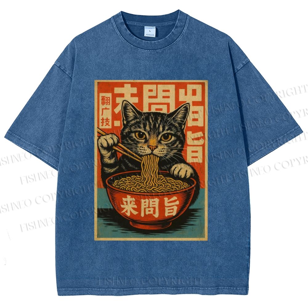 Unisex Vintage Ramen Cat Printed Washed Tee
