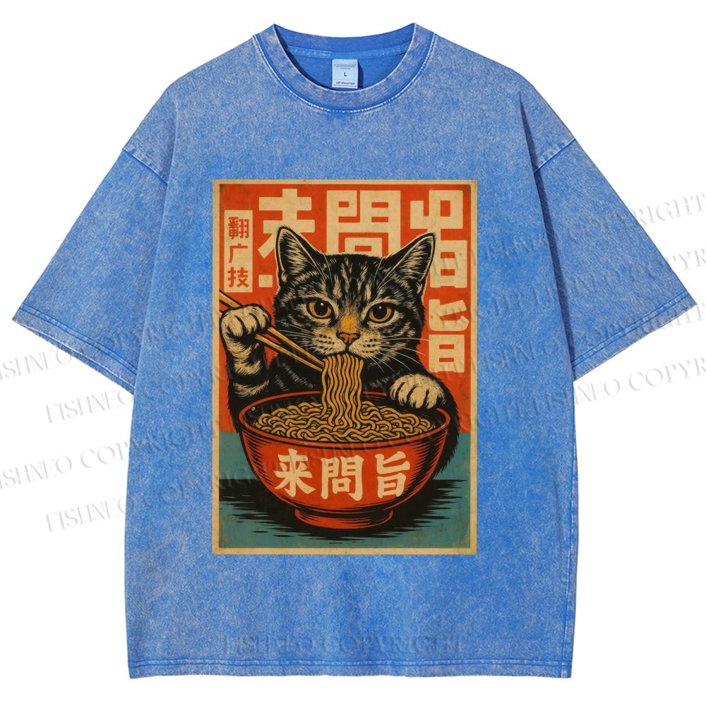 Unisex Vintage Ramen Cat Printed Washed Tee