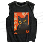 Unisex Smoking Cat Printed Washed Tank Top