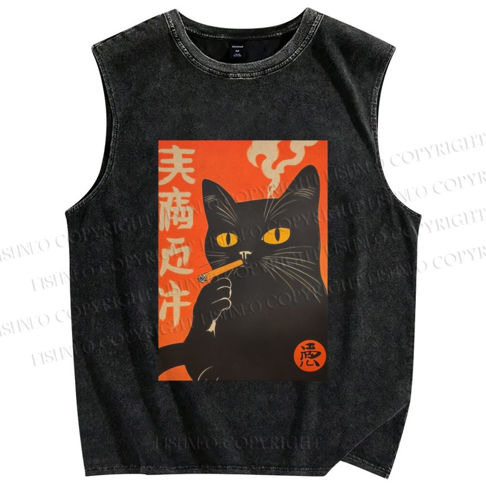 Unisex Smoking Cat Printed Washed Tank Top
