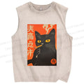 Unisex Smoking Cat Printed Washed Tank Top