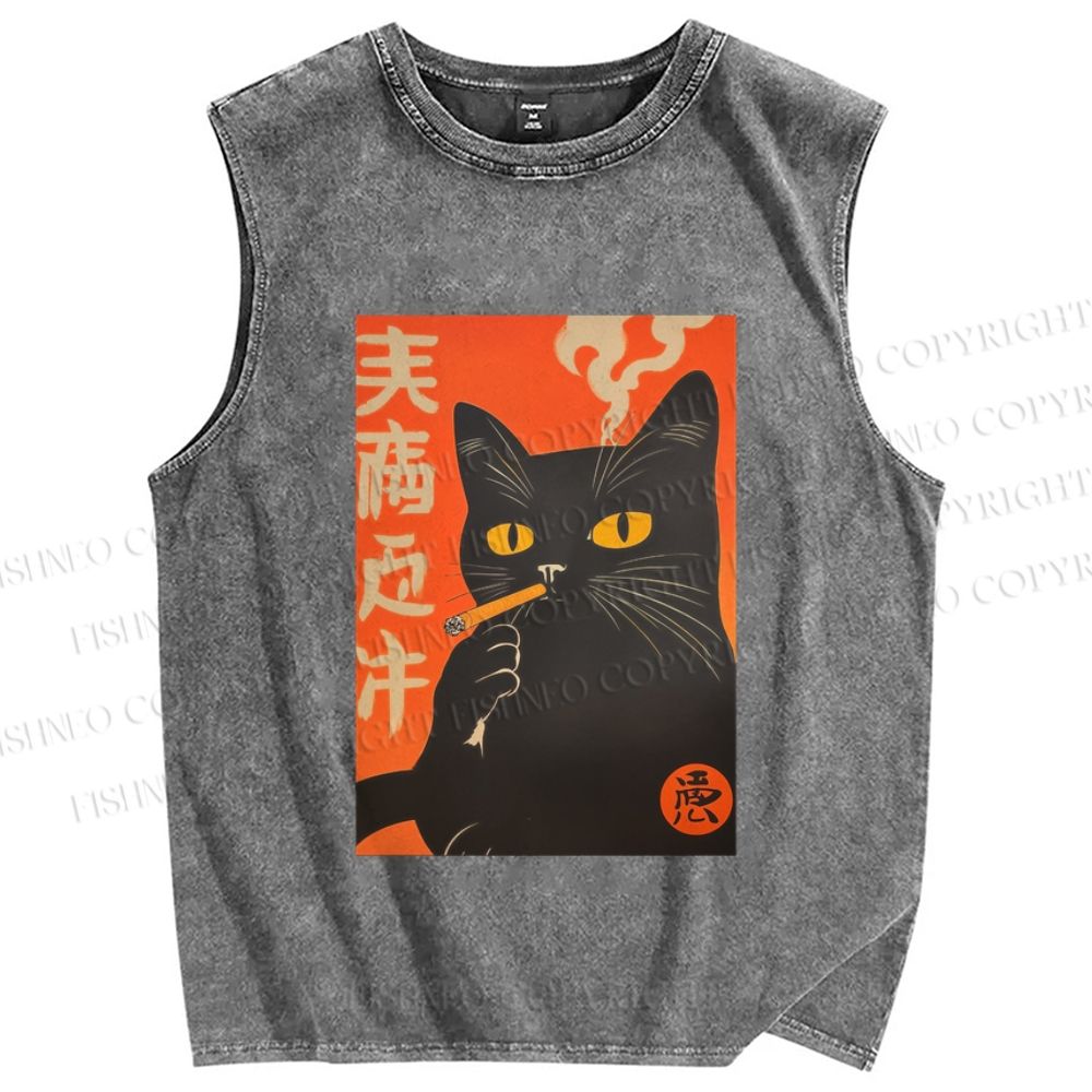 Unisex Smoking Cat Printed Washed Tank Top