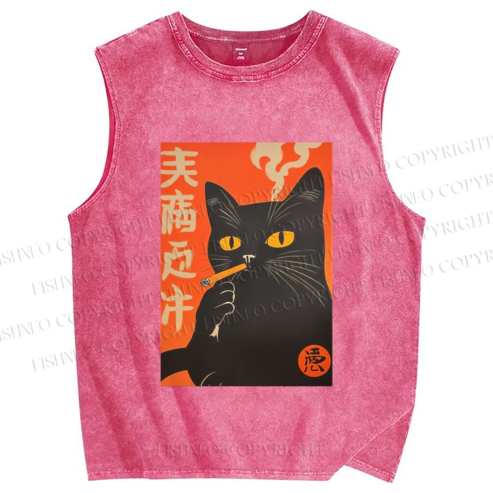 Unisex Smoking Cat Printed Washed Tank Top