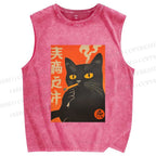 Unisex Smoking Cat Printed Washed Tank Top