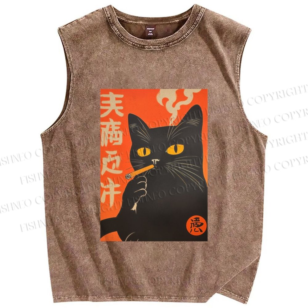 Unisex Smoking Cat Printed Washed Tank Top