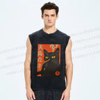 Unisex Smoking Cat Printed Washed Tank Top