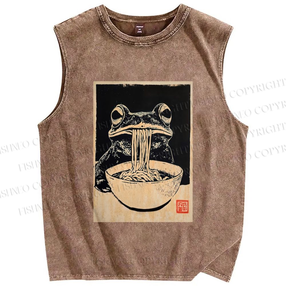 Unisex Vintage Frog Eating Ramen Printed Washed Tank Top