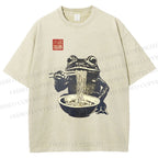 Unisex Frog Eating Ramen Printed Washed Tee