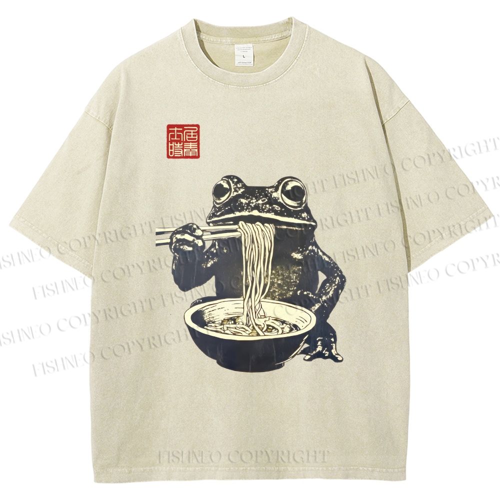 Unisex Frog Eating Ramen Printed Washed Tee