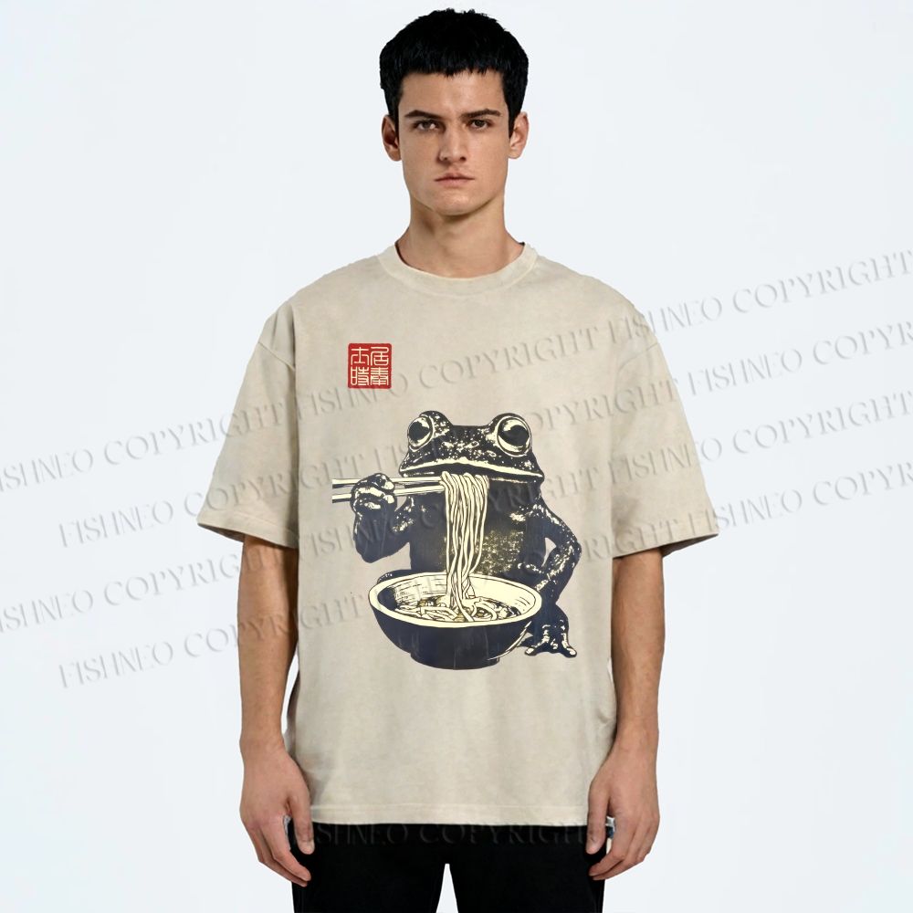 Unisex Frog Eating Ramen Printed Washed Tee