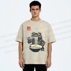Unisex Frog Eating Ramen Printed Washed Tee