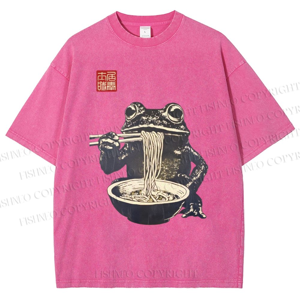 Unisex Frog Eating Ramen Printed Washed Tee
