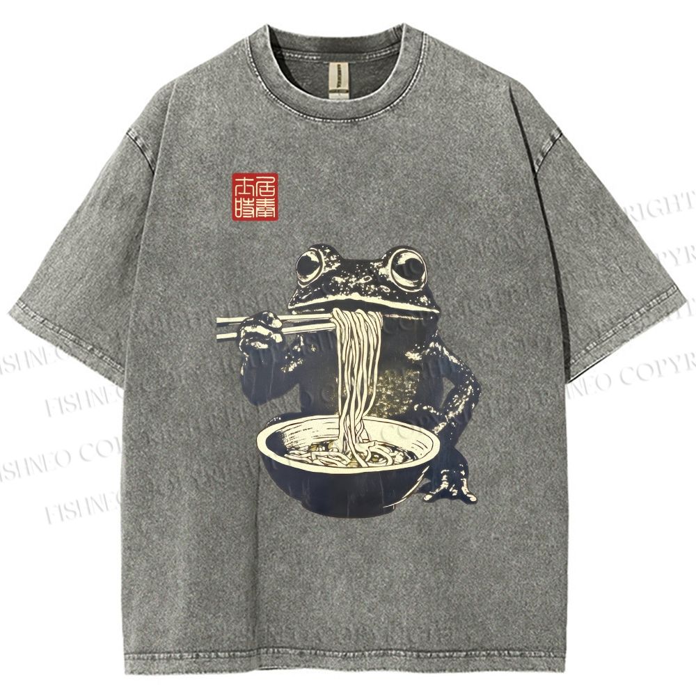 Unisex Frog Eating Ramen Printed Washed Tee