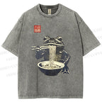 Unisex Frog Eating Ramen Printed Washed Tee