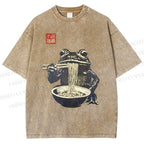 Unisex Frog Eating Ramen Printed Washed Tee