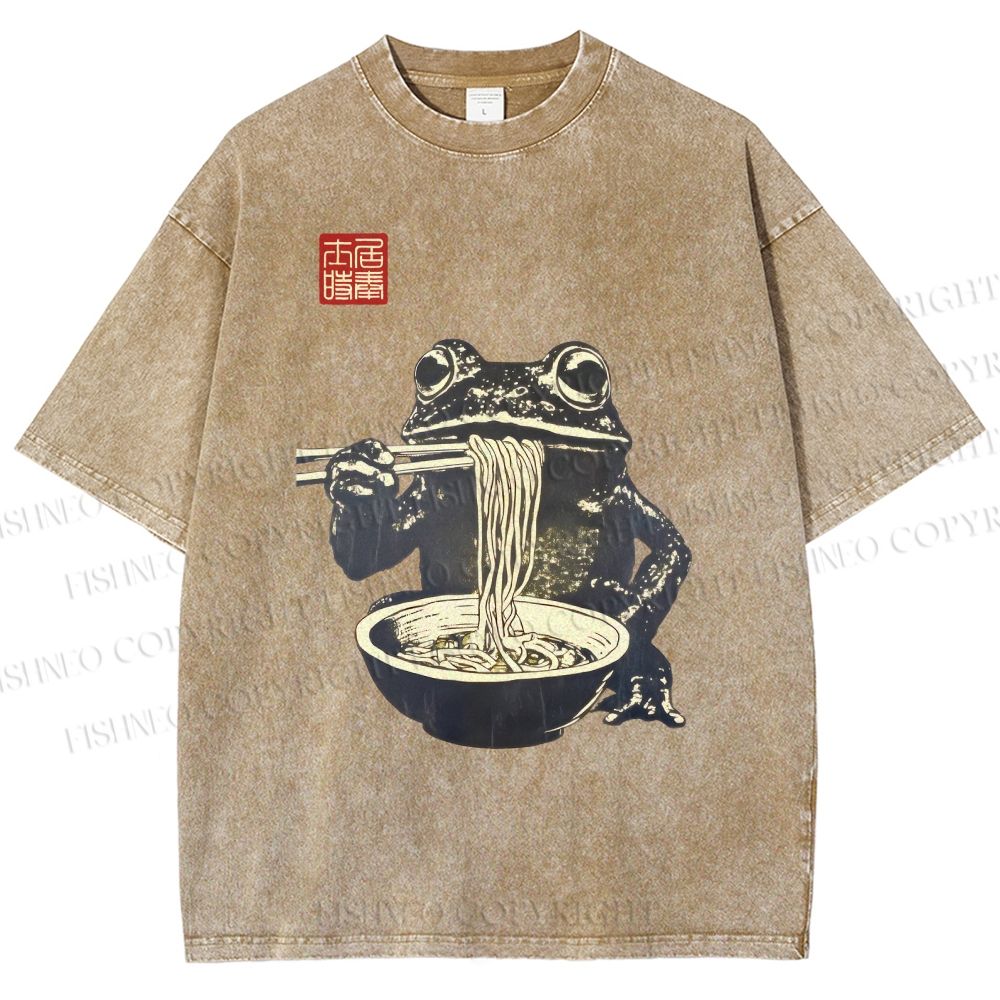 Unisex Frog Eating Ramen Printed Washed Tee