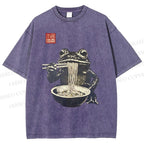 Unisex Frog Eating Ramen Printed Washed Tee