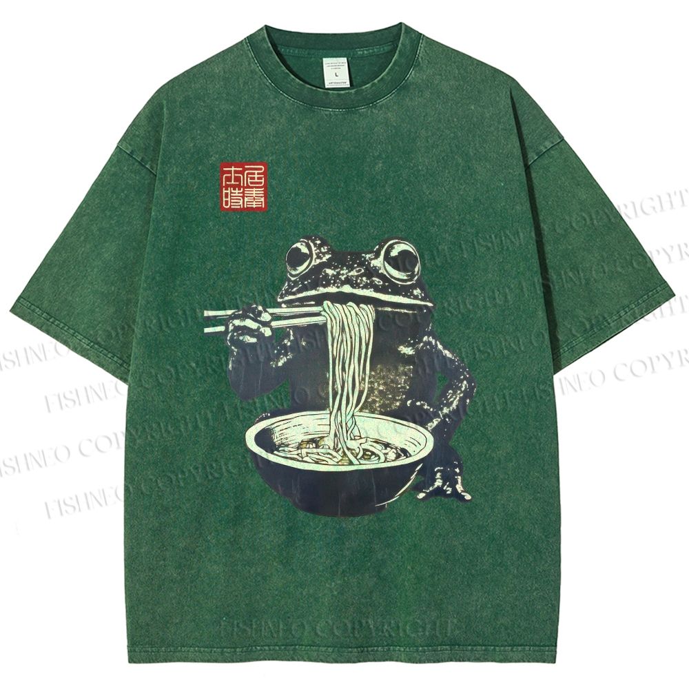 Unisex Frog Eating Ramen Printed Washed Tee