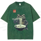 Unisex Frog Eating Ramen Printed Washed Tee