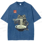 Unisex Frog Eating Ramen Printed Washed Tee