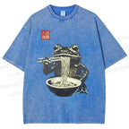 Unisex Frog Eating Ramen Printed Washed Tee