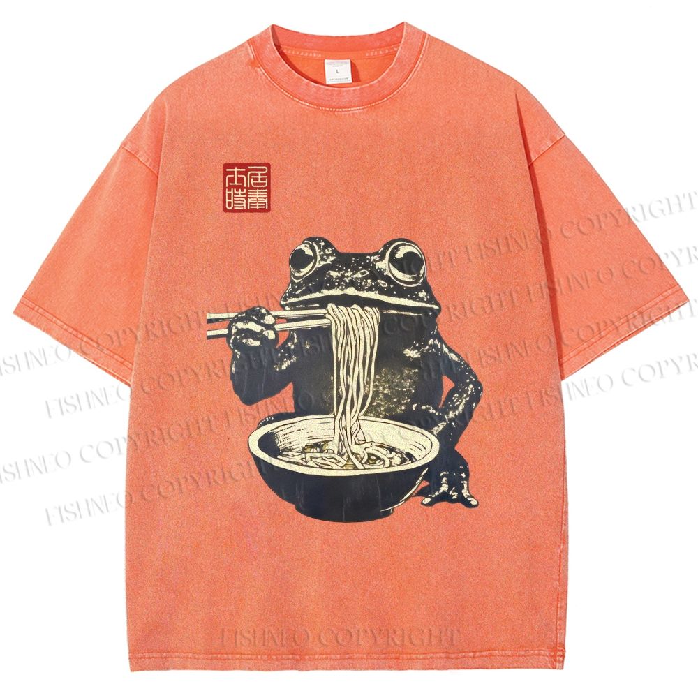 Unisex Frog Eating Ramen Printed Washed Tee
