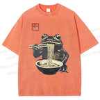 Unisex Frog Eating Ramen Printed Washed Tee