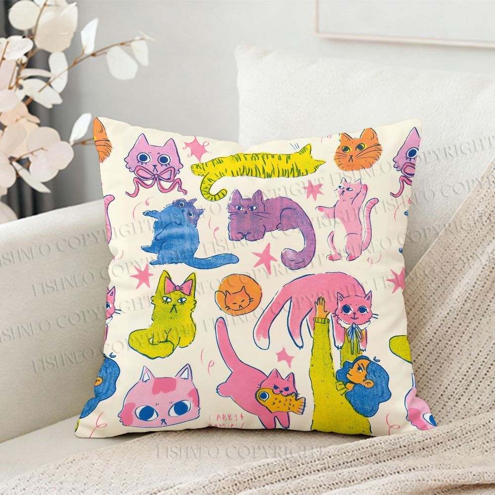 Cartoon Colorful Cat Printed Throw Pillow