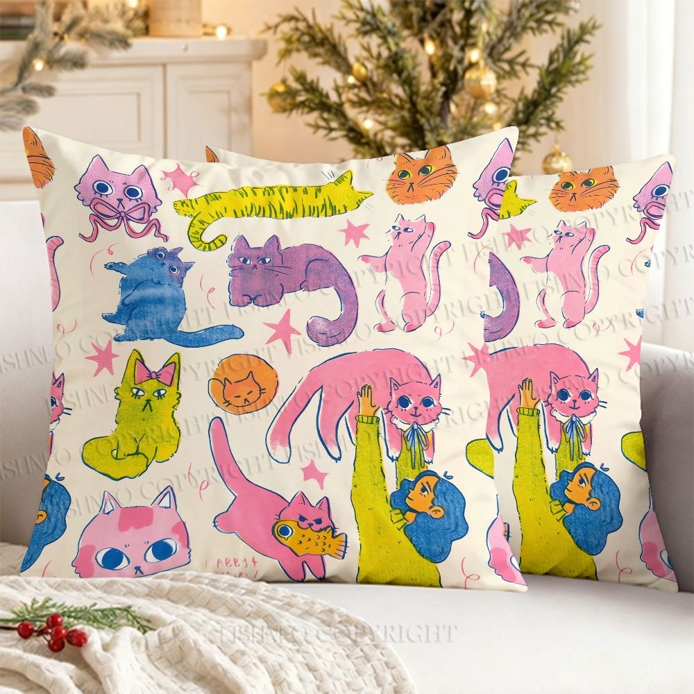 Cartoon Colorful Cat Printed Throw Pillow