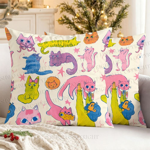 Cartoon Colorful Cat Printed Throw Pillow