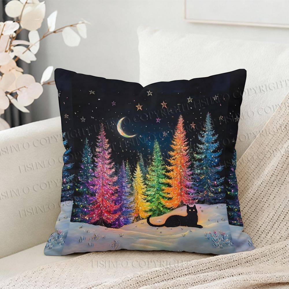 Black Cat Colorful Christmas Tree Printed Throw Pillow