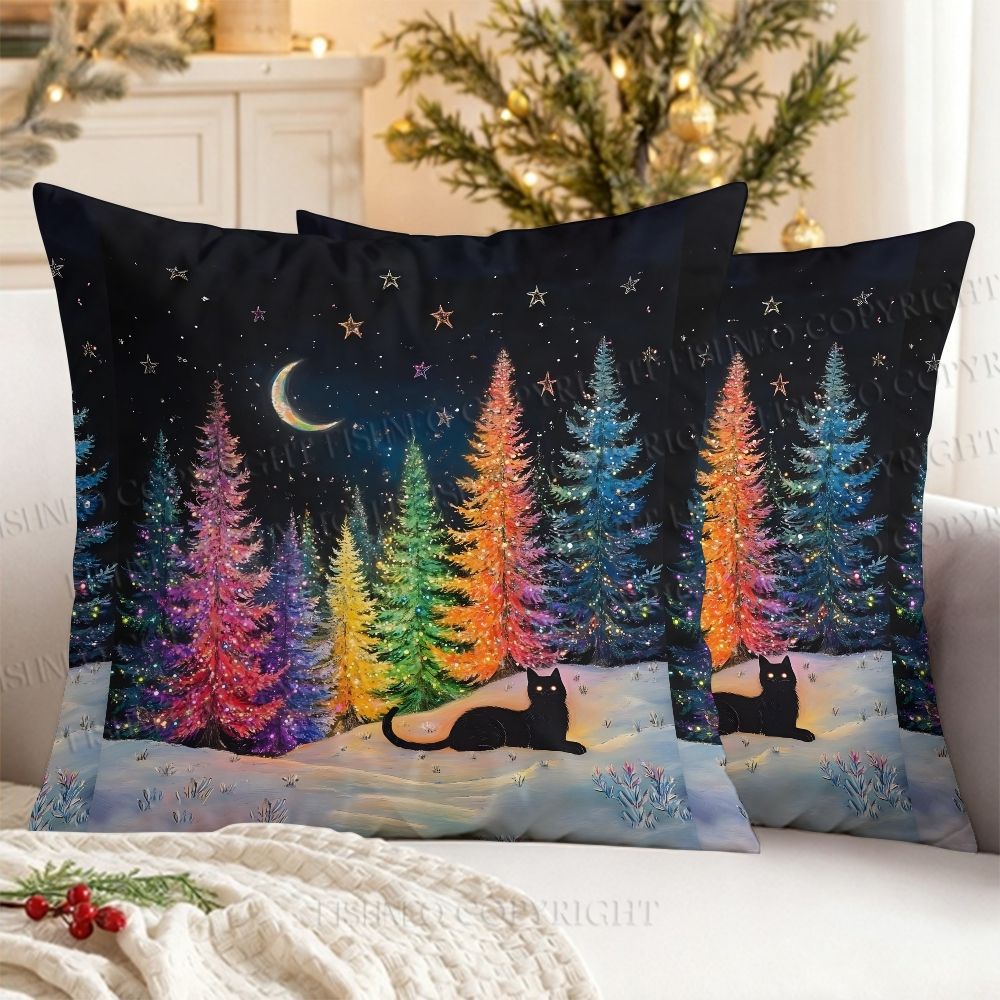 Black Cat Colorful Christmas Tree Printed Throw Pillow