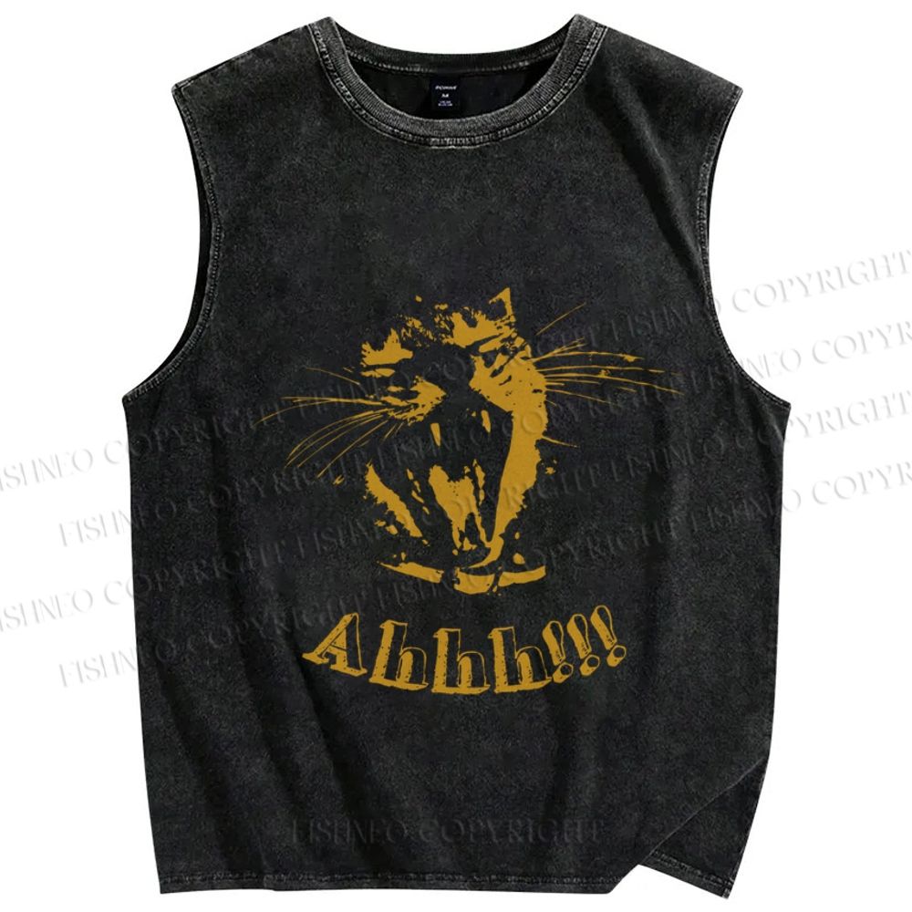 Unisex Yellow Cat Screaming Ahhh Printed Washed Tank Top