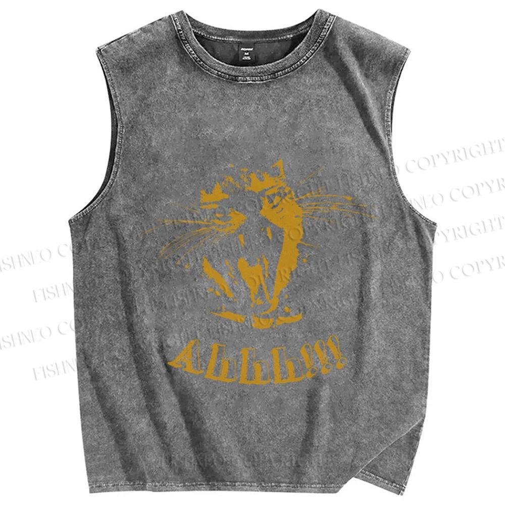 Unisex Yellow Cat Screaming Ahhh Printed Washed Tank Top