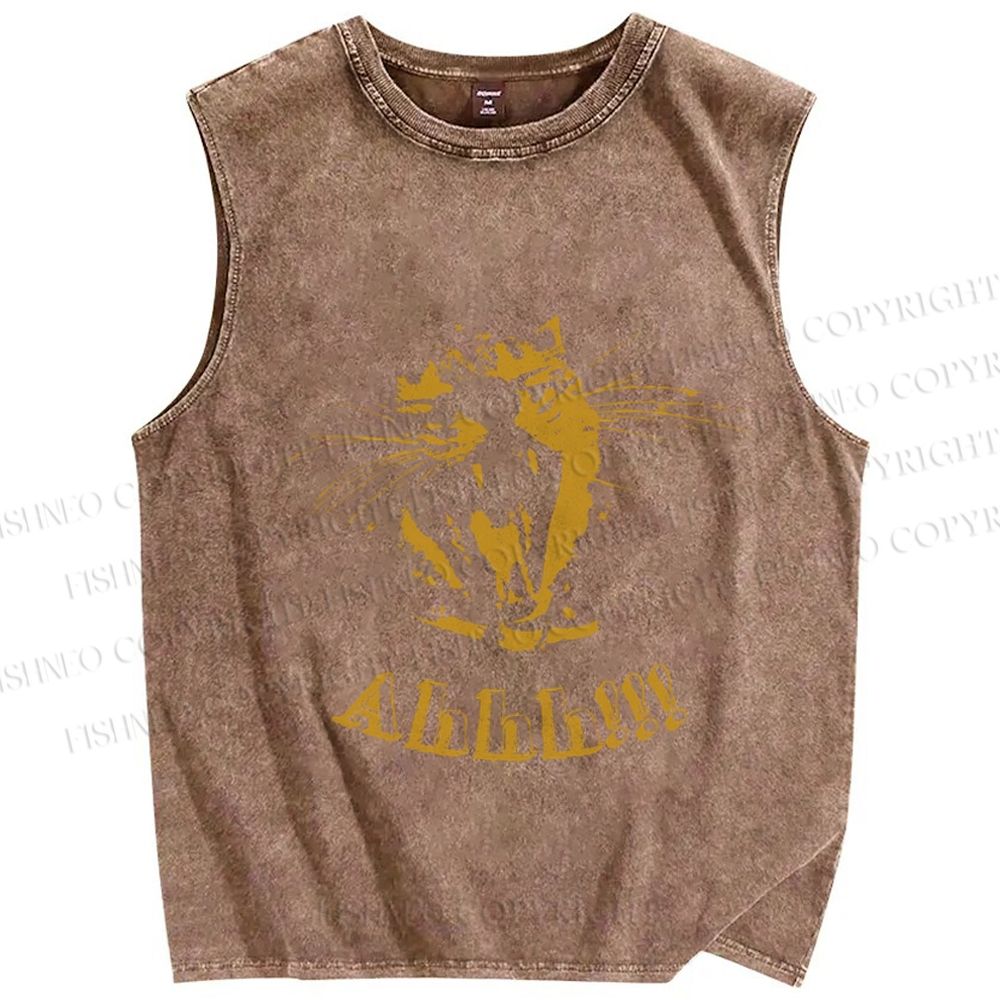 Unisex Yellow Cat Screaming Ahhh Printed Washed Tank Top