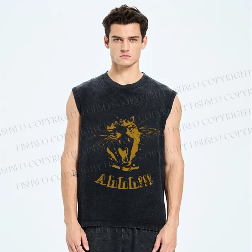 Unisex Yellow Cat Screaming Ahhh Printed Washed Tank Top