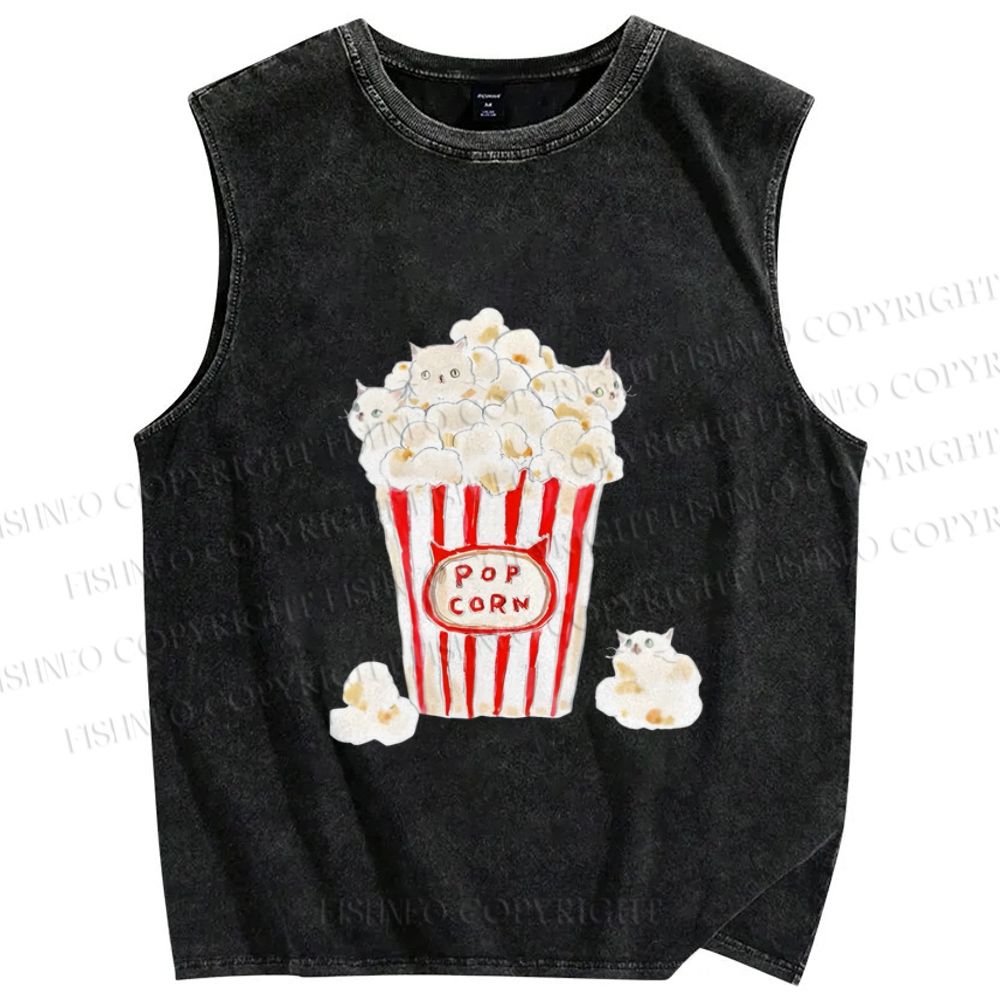 Unisex Popcorn Cats Printed Washed Tank Top